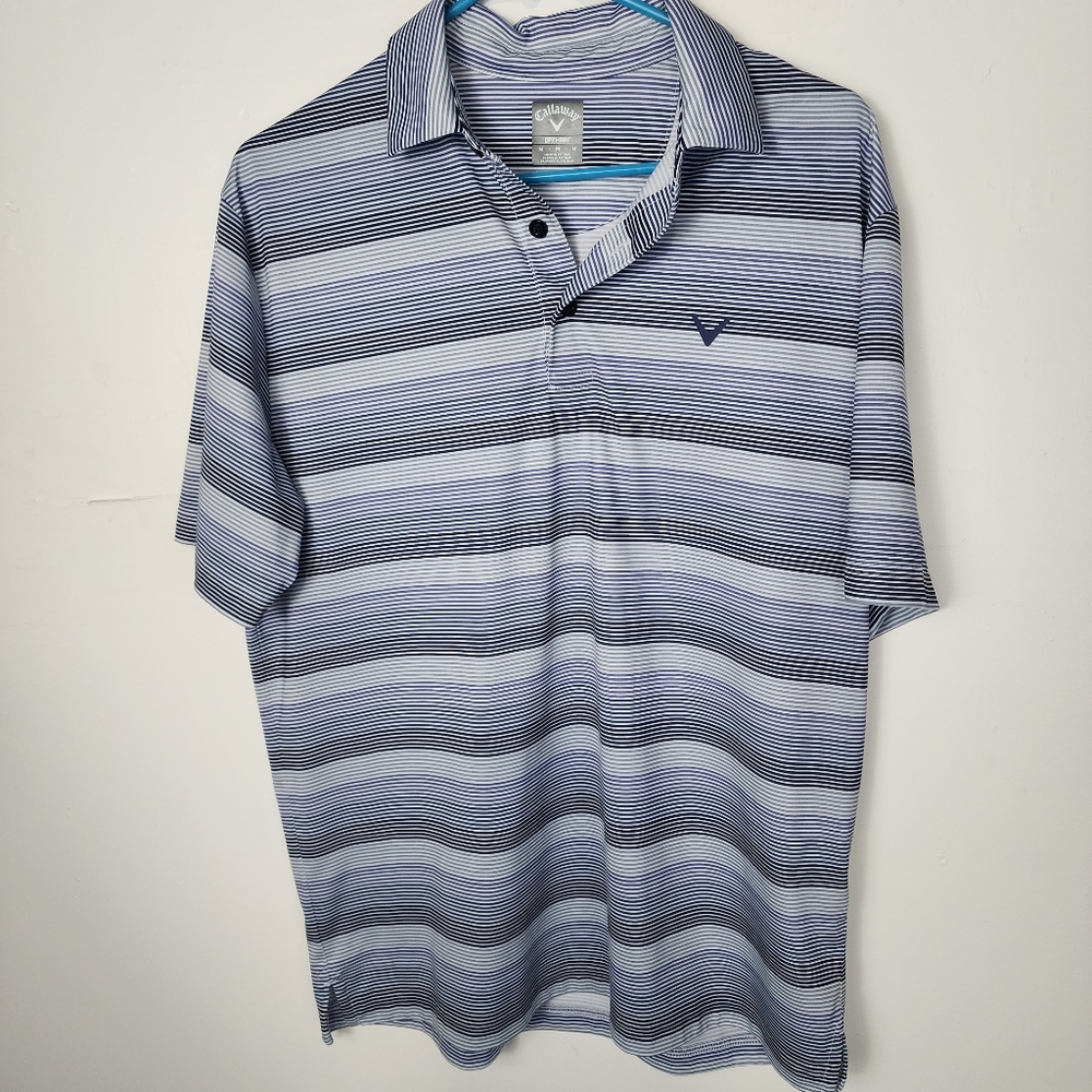 Callaway Men’s Size Mediun Golf Navy White Striped Performance Polo Short Sleeve